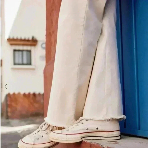 MARINE LAYER “Bridget” ivory denim pants wide leg high rise raw edge women’s 14 - Picture 12 of 15
